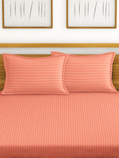Super Soft 100% Egyptian Cotton Satin Stripe Xl King Double Bedsheet With 2 Pillow Covers <small> (stripe-salmon)</small>