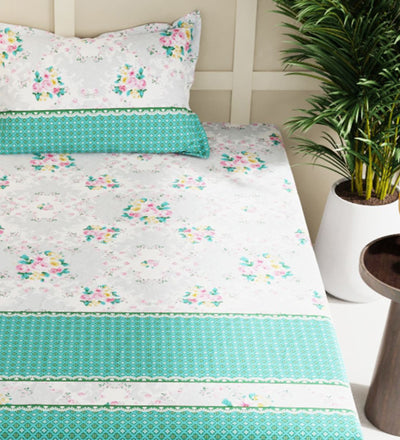 Extra Smooth Micro Double Bedsheet With 2 Pillow Covers + 2 Pillows <small> (floral-mint/multi)</small>