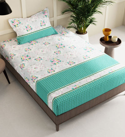 Extra Smooth Micro Double Bedsheet With 2 Pillow Covers + 2 Pillows <small> (floral-mint/multi)</small>