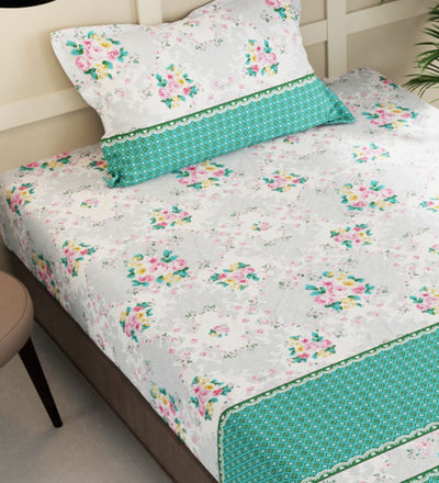 Extra Smooth Micro Double Bedsheet With 2 Pillow Covers + 2 Pillows <small> (floral-mint/multi)</small>