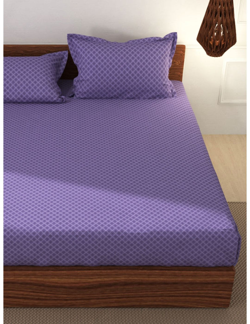 Soft 100% Natural Cotton Xl King Fitted Bedsheet With Elastic Edges With 2 Pillow Covers <small> (geometric-purple)</small>
