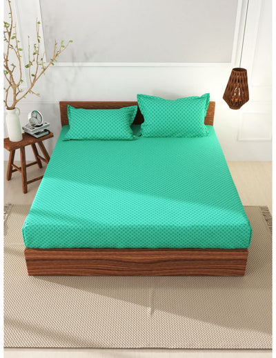Soft 100% Natural Cotton Xl King Fitted Bedsheet With Elastic Edges With 2 Pillow Covers <small> (geometric-green)</small>