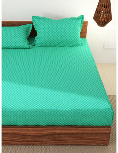 Soft 100% Natural Cotton Xl King Fitted Bedsheet With Elastic Edges With 2 Pillow Covers <small> (geometric-green)</small>