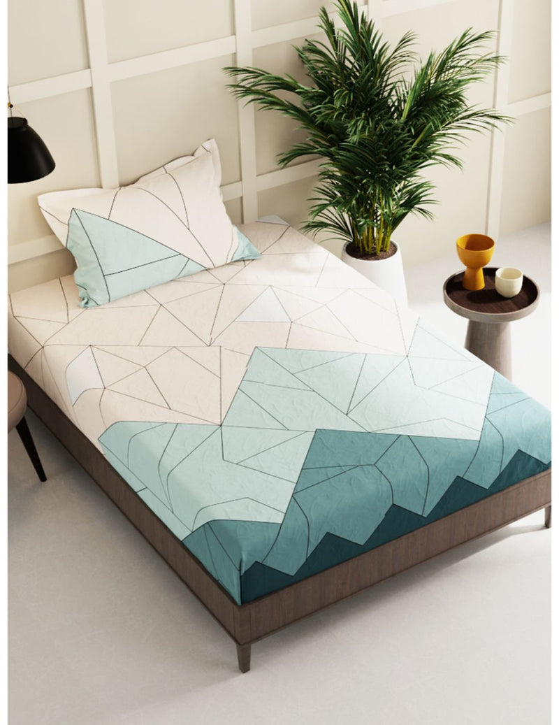 Extra Smooth Micro Single Bedsheet With 1 Pillow Cover <small> (geometric-blue/ivory)</small>