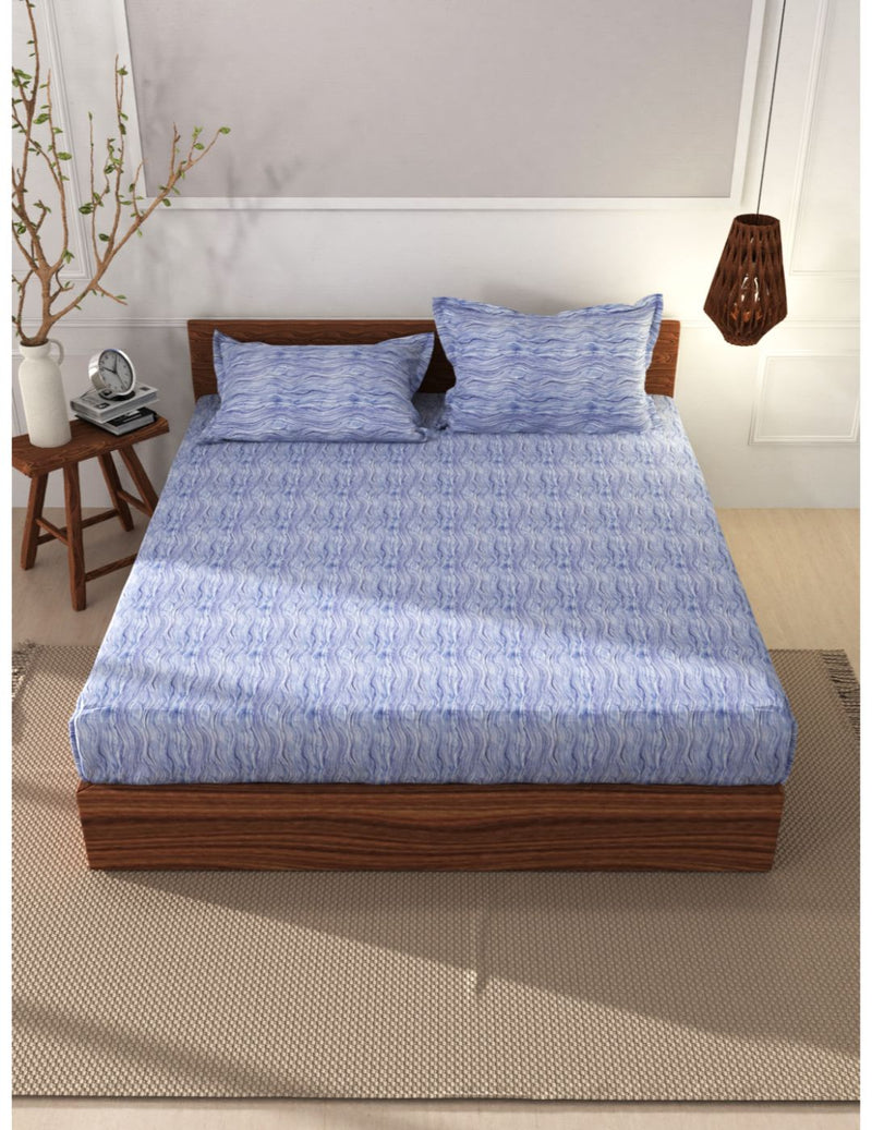 Soft 100% Natural Cotton Xl King Fitted Bedsheet With Elastic Edges With 2 Pillow Covers <small> (geometric-indigo)</small>