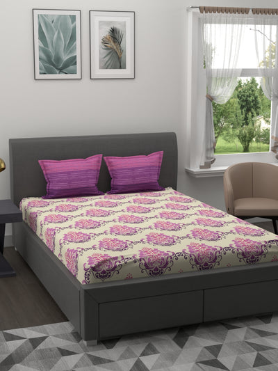 Soft 100% Natural Cotton Double Bedsheet With 2 Pillow Covers <small> (floral-purple/pink)</small>