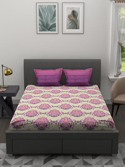 Soft 100% Natural Cotton Double Bedsheet With 2 Pillow Covers <small> (floral-purple/pink)</small>