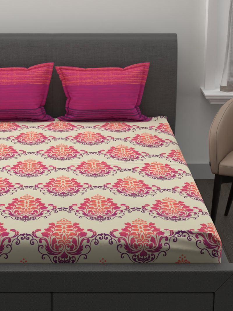 Soft 100% Natural Cotton Double Bedsheet With 2 Pillow Covers <small> (floral-orange/red)</small>