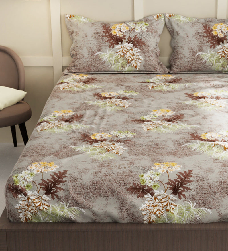 Extra Smooth Micro Double Bedsheet With 2 Pillow Covers + 2 Pillows <small> (floral-khk)</small>