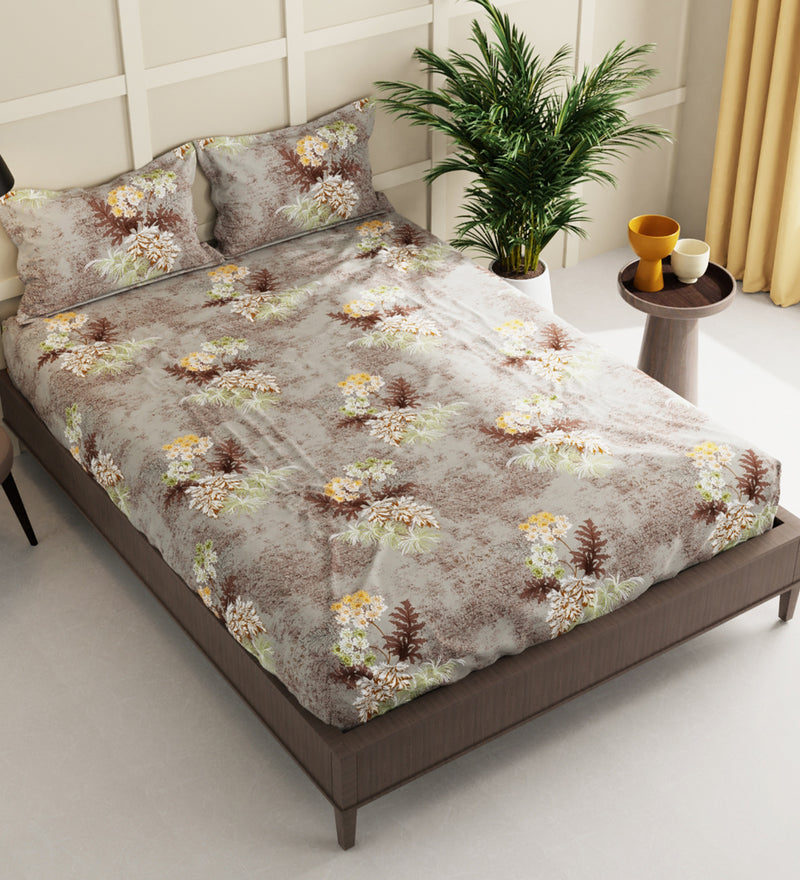 Extra Smooth Micro Double Bedsheet With 2 Pillow Covers + 2 Pillows <small> (floral-khk)</small>