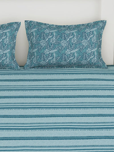 Soft 100% Natural Cotton King Size Double Bedsheet With 2 Pillow Covers <small> (stripe-blue)</small>