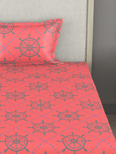 100% Pure Cotton Single Bedsheet With 1 Pillow Cover <small> (geometric-pink/grey)</small>