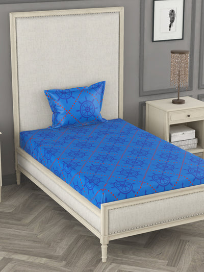 100% Pure Cotton Single Bedsheet With 1 Pillow Cover <small> (geometric-blue/red)</small>