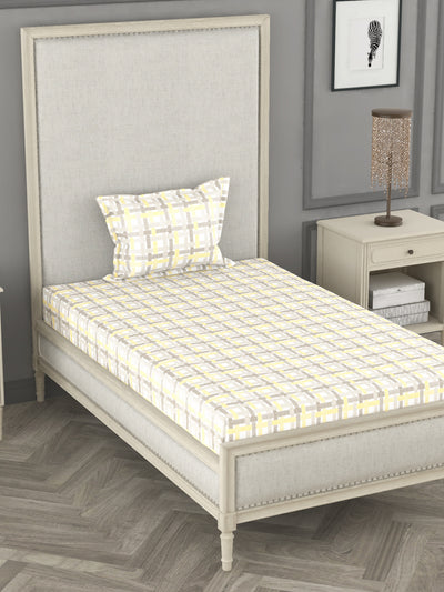 100% Pure Cotton Single Bedsheet With 1 Pillow Cover <small> (checks-yellow/beige)</small>