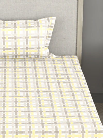 100% Pure Cotton Single Bedsheet With 1 Pillow Cover <small> (checks-yellow/beige)</small>