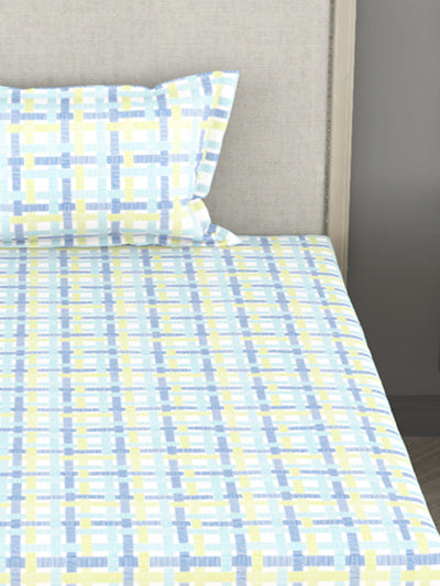 100% Pure Cotton Single Bedsheet With 1 Pillow Cover <small> (checks-lt.blue/lime)</small>