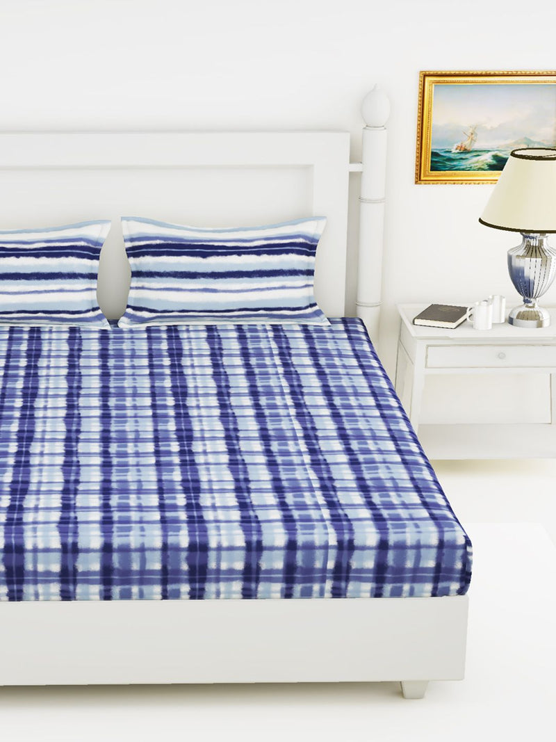 Soft 100% Natural Cotton King Size Double Bedsheet With 2 Pillow Covers <small> (checks-blue/white)</small>