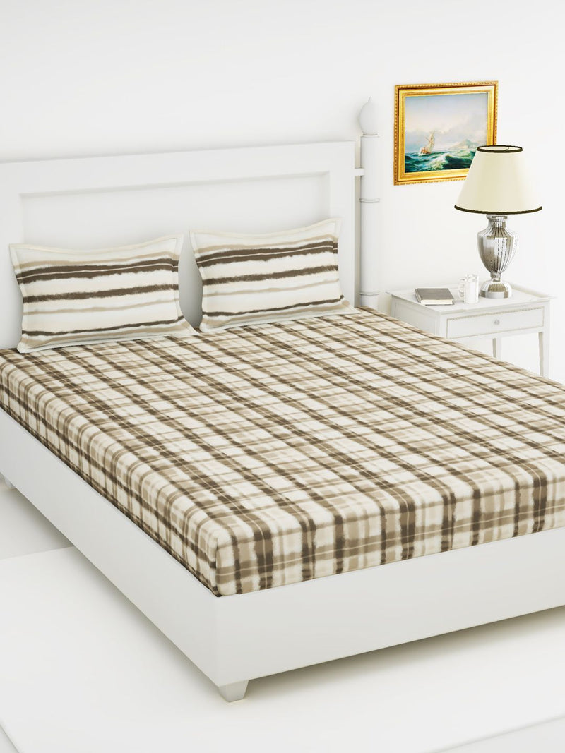 Soft 100% Natural Cotton King Size Double Bedsheet With 2 Pillow Covers <small> (checks-beige/brown)</small>
