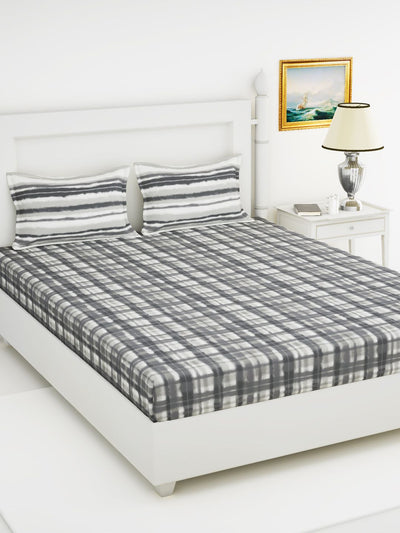 Soft 100% Natural Cotton King Size Double Bedsheet With 2 Pillow Covers <small> (checks-grey/white)</small>