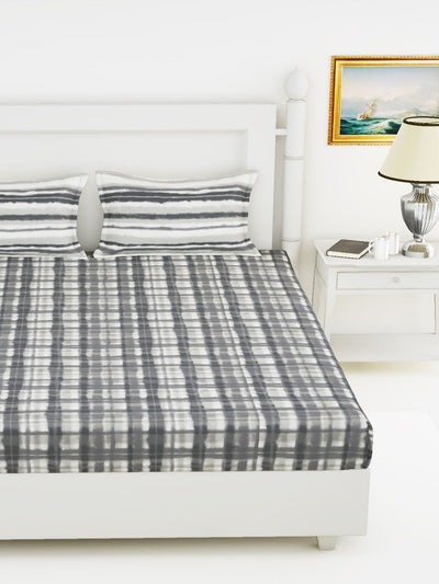 Soft 100% Natural Cotton King Size Double Bedsheet With 2 Pillow Covers <small> (checks-grey/white)</small>