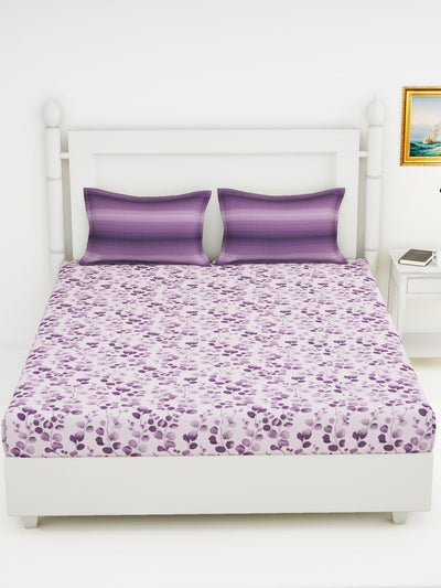 Soft 100% Natural Cotton King Size Double Bedsheet With 2 Pillow Covers <small> (floral-purple)</small>