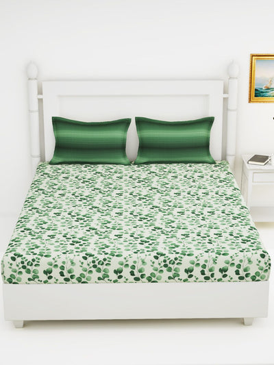 Soft 100% Natural Cotton King Size Double Bedsheet With 2 Pillow Covers <small> (floral-green)</small>