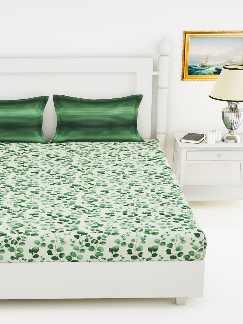 Soft 100% Natural Cotton King Size Double Bedsheet With 2 Pillow Covers <small> (floral-green)</small>