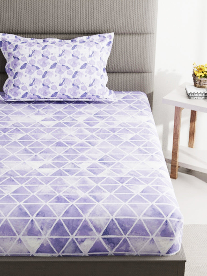 Soft 100% Natural Cotton Single Bedsheet With 1 Pillow Cover <small> (geometric-purple/white)</small>