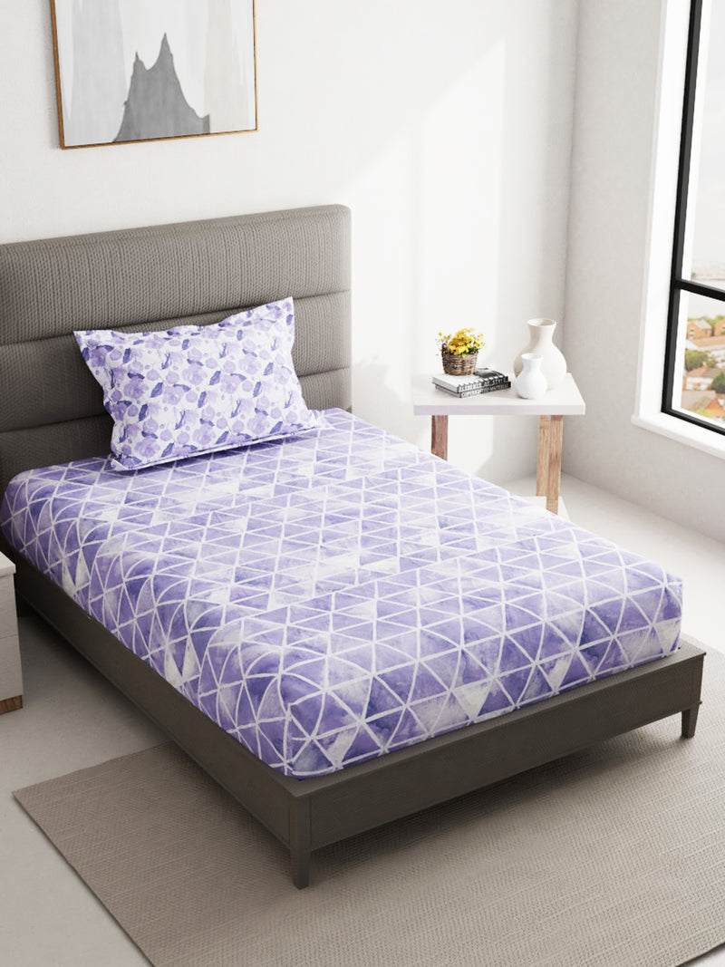 Soft 100% Natural Cotton Single Bedsheet With 1 Pillow Cover <small> (geometric-purple/white)</small>