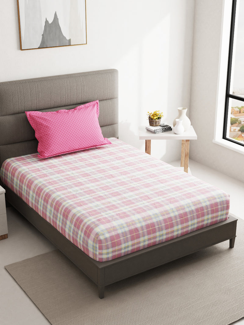 Soft 100% Natural Cotton Single Bedsheet With 1 Pillow Cover <small> (checks-pink/multi)</small>
