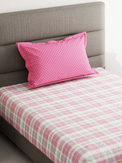 Soft 100% Natural Cotton Single Bedsheet With 1 Pillow Cover <small> (checks-pink/multi)</small>
