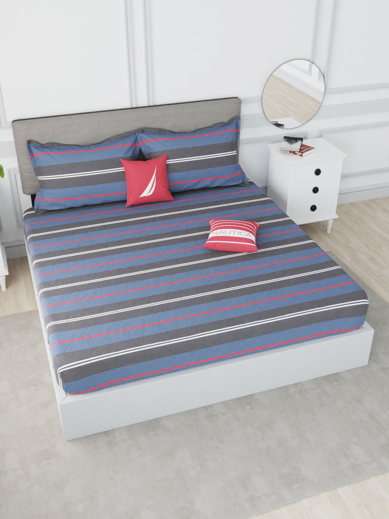 Designer 100% Satin Cotton Xl King Bedsheet With 2 Pillow Covers <small> (stripe-blue/red)</small>