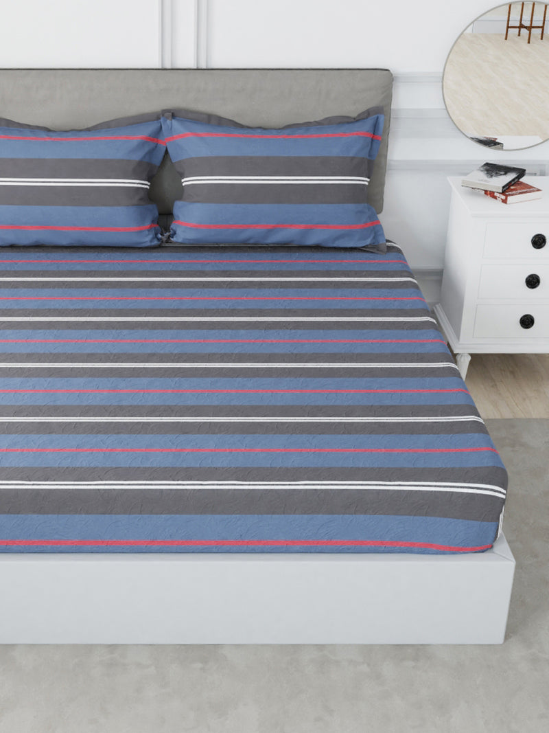 Designer 100% Satin Cotton Xl King Bedsheet With 2 Pillow Covers <small> (stripe-blue/red)</small>