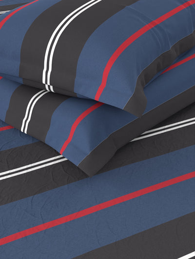 Designer 100% Satin Cotton Xl King Bedsheet With 2 Pillow Covers <small> (stripe-blue/red)</small>