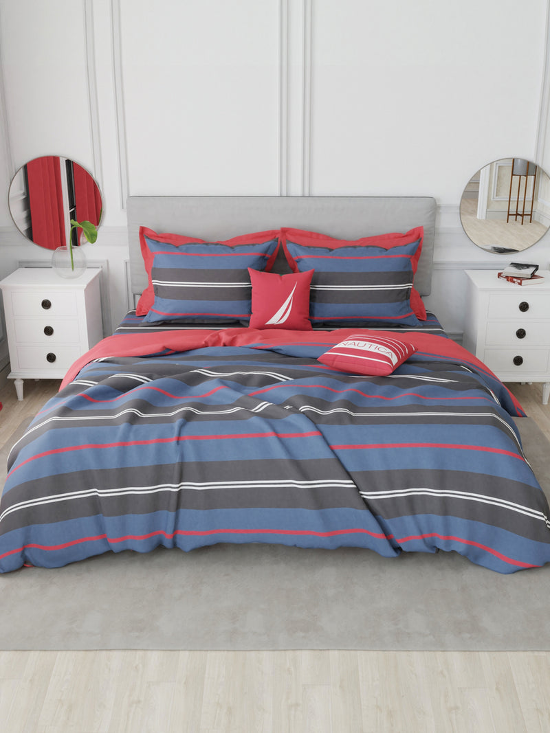 Designer 100% Satin Cotton Xl King Bedsheet With 2 Pillow Covers <small> (stripe-blue/red)</small>