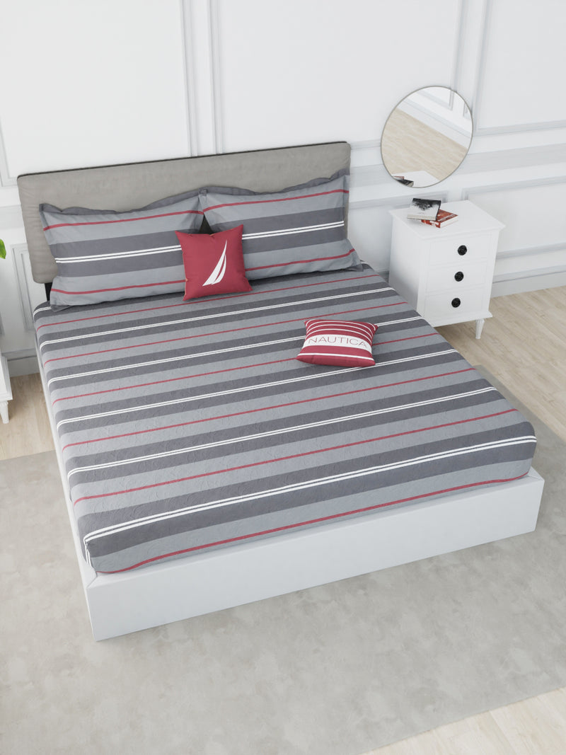 Designer 100% Satin Cotton Xl King Bedsheet With 2 Pillow Covers <small> (stripe-grey/maroon)</small>