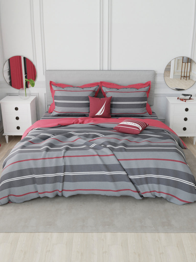 Designer 100% Satin Cotton Xl King Bedsheet With 2 Pillow Covers <small> (stripe-grey/maroon)</small>