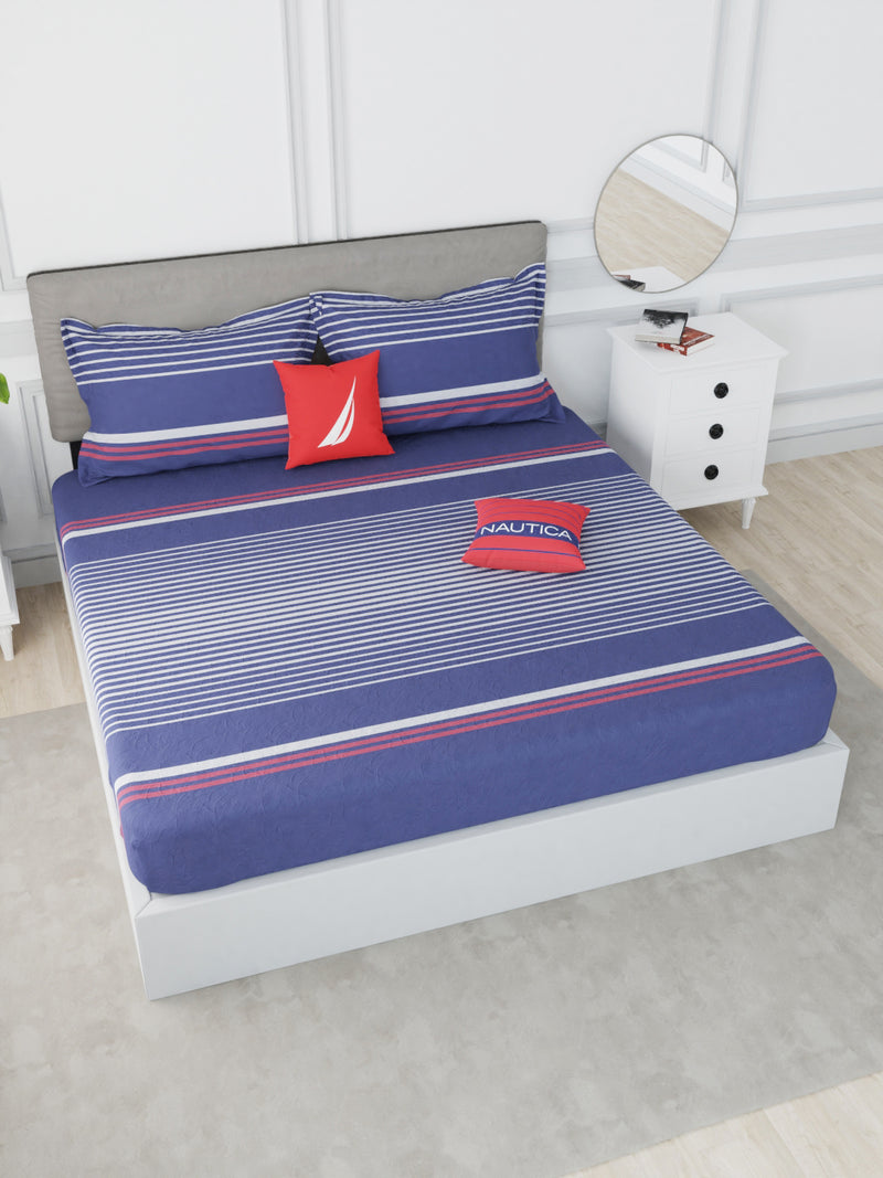 Designer 100% Satin Cotton Xl King Bedsheet With 2 Pillow Covers <small> (stripe-navy blue/red)</small>