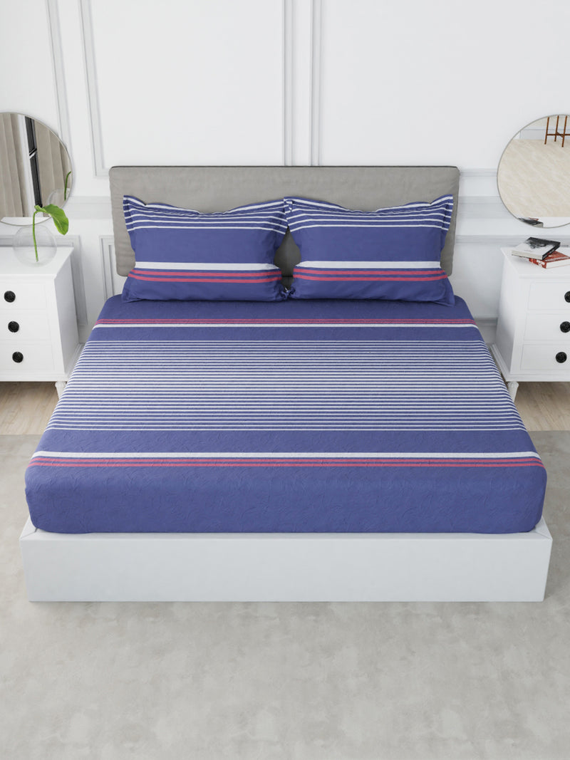 Designer 100% Satin Cotton Xl King Bedsheet With 2 Pillow Covers <small> (stripe-navy blue/red)</small>