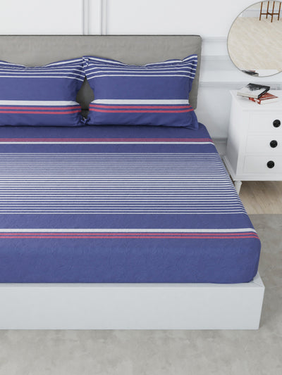 Designer 100% Satin Cotton Xl King Bedsheet With 2 Pillow Covers <small> (stripe-navy blue/red)</small>