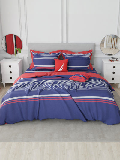 Designer 100% Satin Cotton Xl King Bedsheet With 2 Pillow Covers <small> (stripe-navy blue/red)</small>