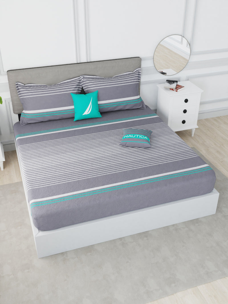 Designer 100% Satin Cotton Xl King Bedsheet With 2 Pillow Covers <small> (stripe-grey/aqua)</small>