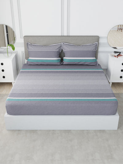 Designer 100% Satin Cotton Xl King Bedsheet With 2 Pillow Covers <small> (stripe-grey/aqua)</small>