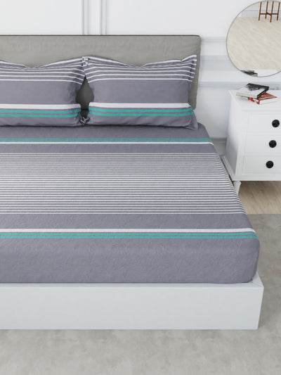 Designer 100% Satin Cotton Xl King Bedsheet With 2 Pillow Covers <small> (stripe-grey/aqua)</small>