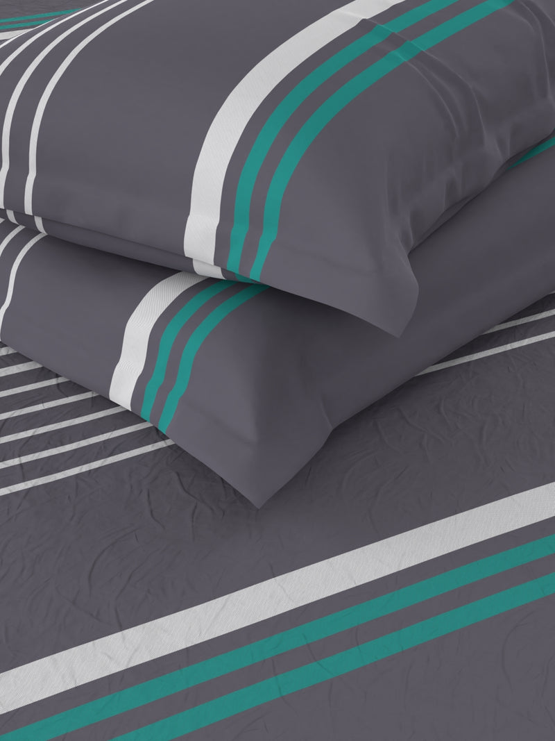 Designer 100% Satin Cotton Xl King Bedsheet With 2 Pillow Covers <small> (stripe-grey/aqua)</small>