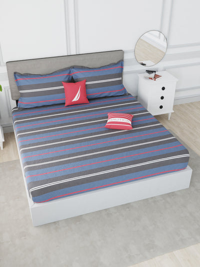 Designer 100% Satin Cotton Fitted Super King Bedsheet With Elastic Corners With 2 Pillow Covers <small> (stripe-blue/red)</small>