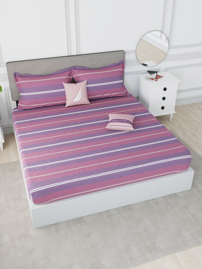 Designer 100% Satin Cotton Fitted Super King Bedsheet With Elastic Corners With 2 Pillow Covers <small> (stripe-plum/purple)</small>