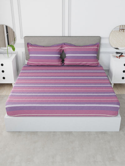 Designer 100% Satin Cotton Fitted Super King Bedsheet With Elastic Corners With 2 Pillow Covers <small> (stripe-plum/purple)</small>