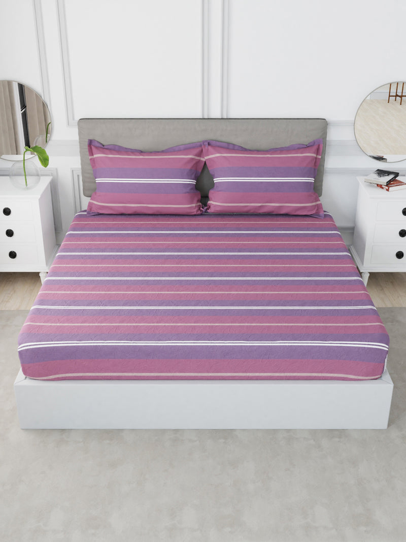 Designer 100% Satin Cotton Fitted Super King Bedsheet With Elastic Corners With 2 Pillow Covers <small> (stripe-plum/purple)</small>