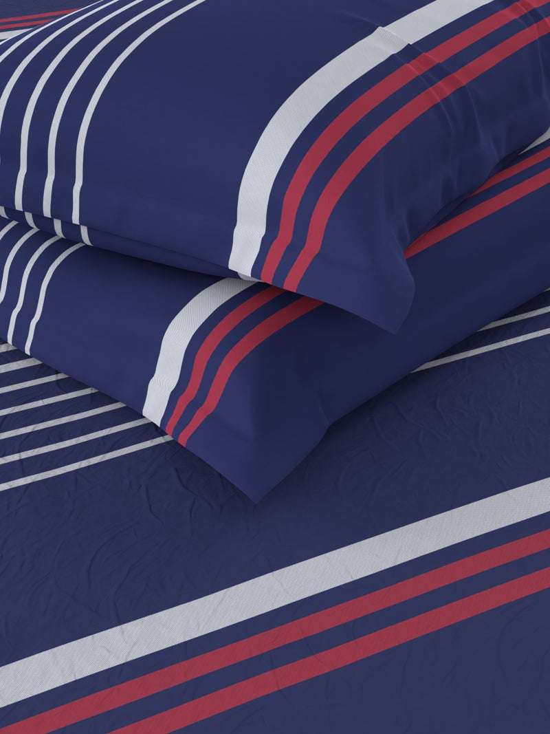 Designer 100% Satin Cotton Fitted Super King Bedsheet With Elastic Corners With 2 Pillow Covers <small> (stripe-navy blue/red)</small>